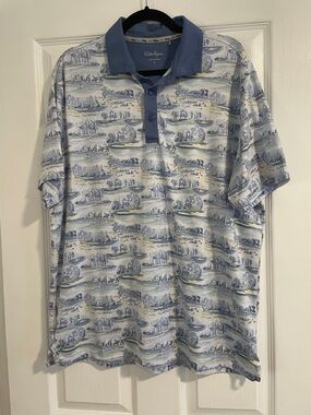 Walter Hagen Light Blue Scenic Print Polo with Solid Blue Collar